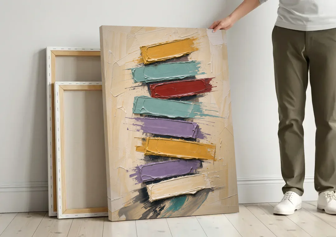 Modern Art Canvas Crimson Keystone Stack canvas wall art leaning against a wall next to blank canvases