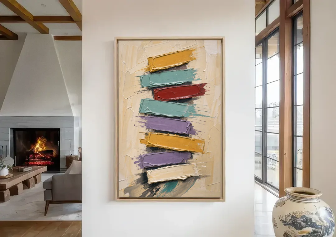 Modern Art Canvas Crimson Keystone Stack canvas wall art in a living room with a fireplace