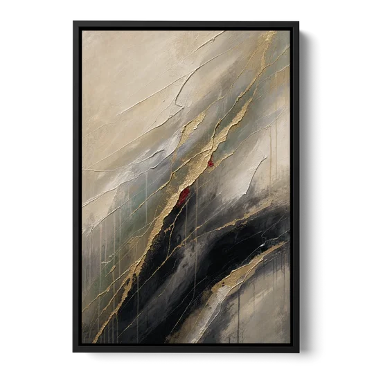 Modern Black and Gold Abstract Marble Veins - Black Framed Canvas Wall Art - Front