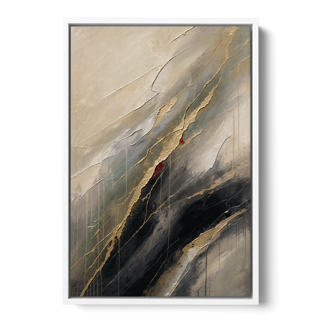 Modern Black and Gold Abstract Marble Veins - White Framed Canvas Wall Art - Front