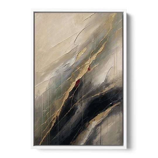 Modern Black and Gold Abstract Marble Veins - White Framed Canvas Wall Art - Front