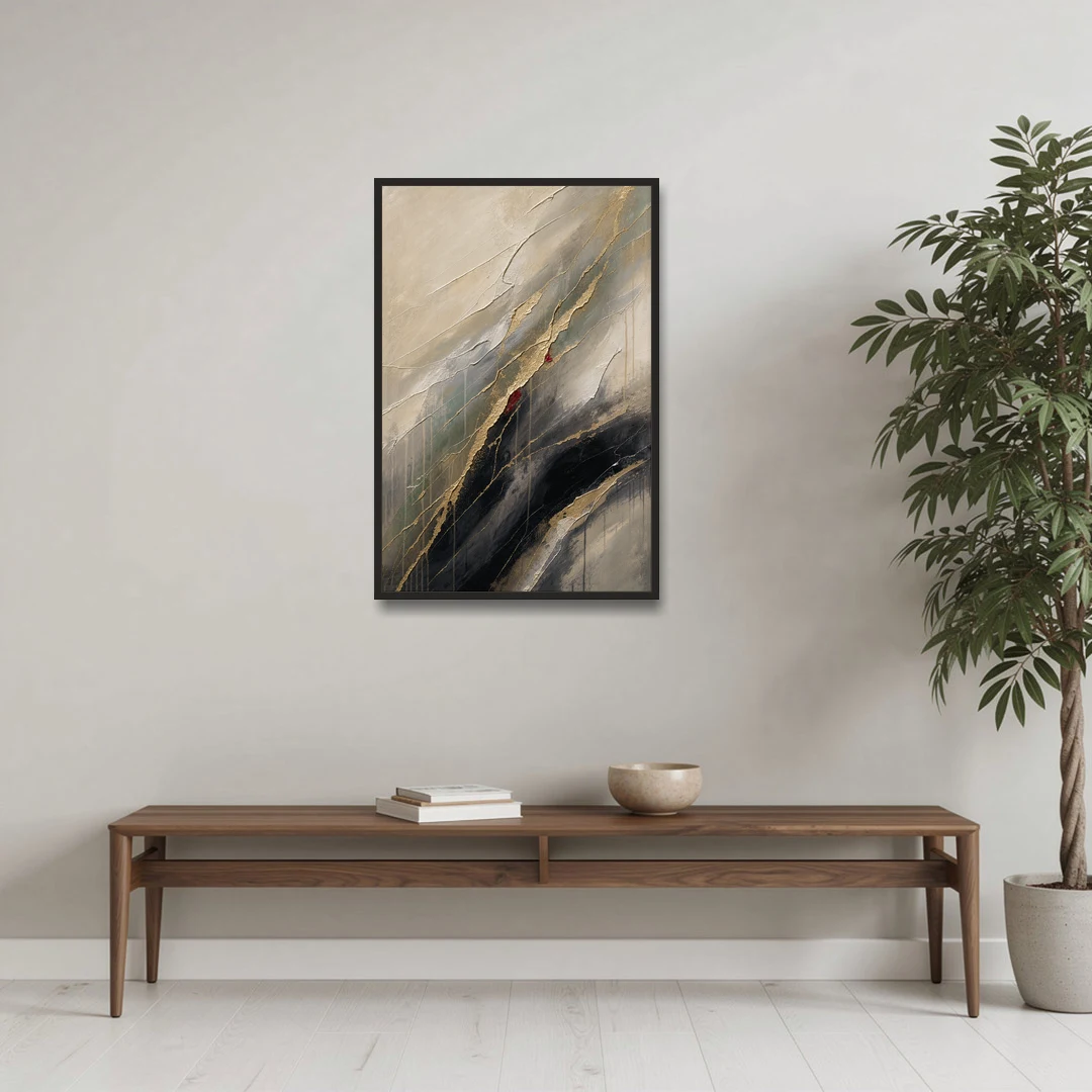 Modern Black and Gold Abstract Marble Veins - Black Framed Canvas Wall Art - Coffee Table - 24x36