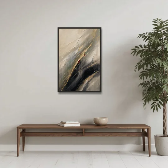 Modern Black and Gold Abstract Marble Veins - Black Framed Canvas Wall Art - Coffee Table - 24x36