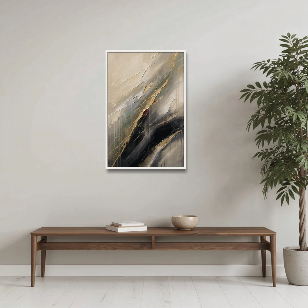 Modern Black and Gold Abstract Marble Veins - White Framed Canvas Wall Art - Coffee Table - 24x36