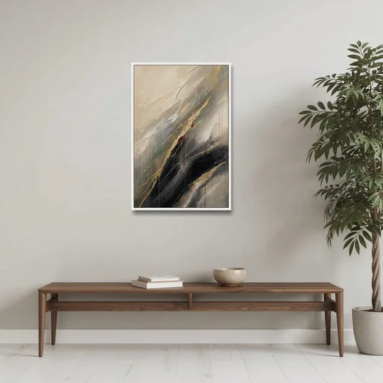 Modern Black and Gold Abstract Marble Veins - White Framed Canvas Wall Art - Coffee Table - 24x36