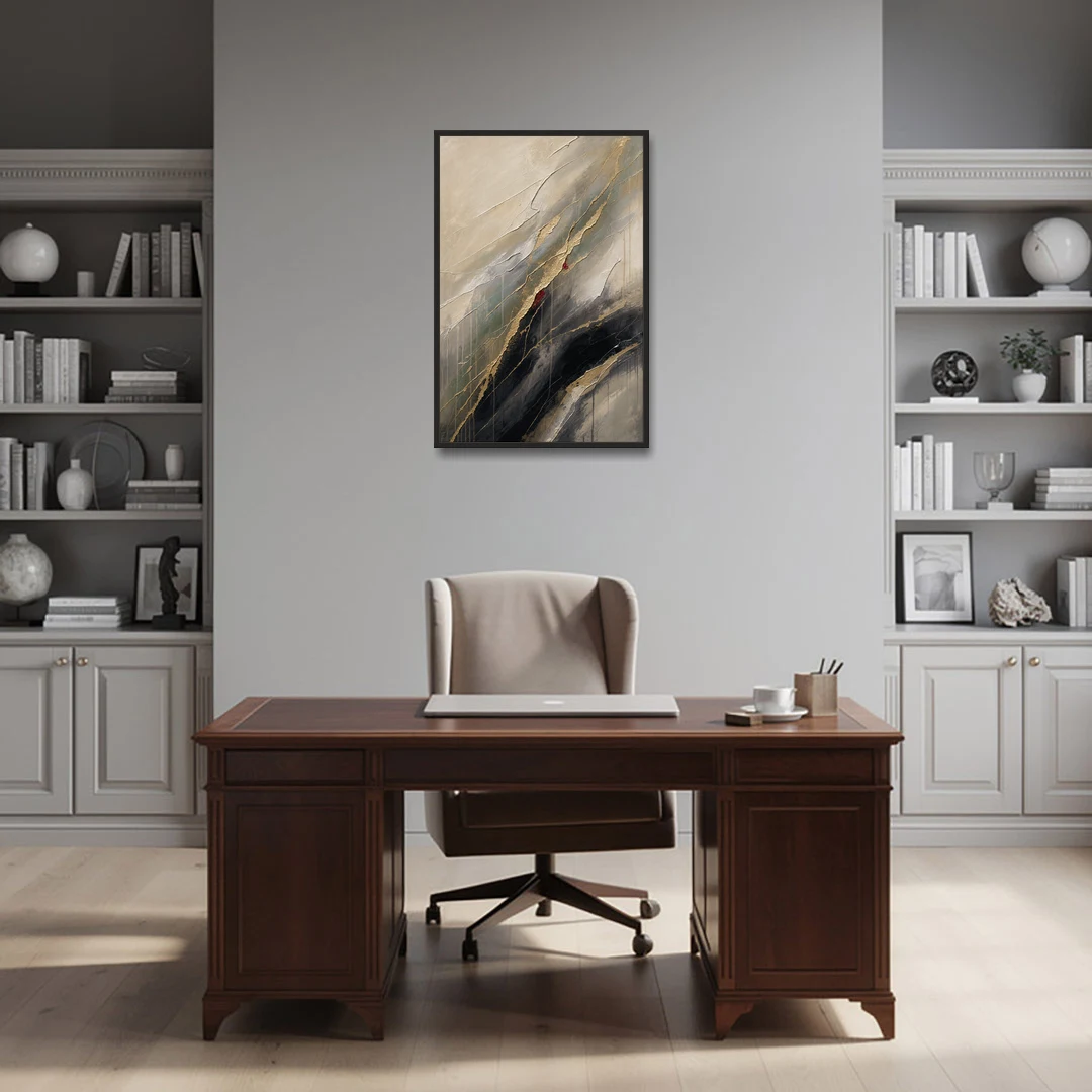 Modern Black and Gold Abstract Marble Veins - Black Framed Canvas Wall Art - Office - 24x36