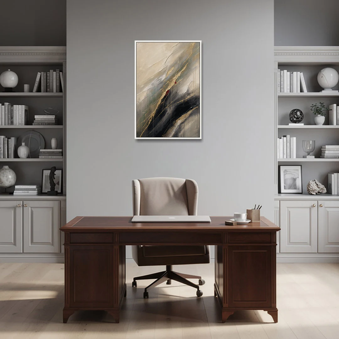 Modern Black and Gold Abstract Marble Veins - White Framed Canvas Wall Art - Office - 24x36