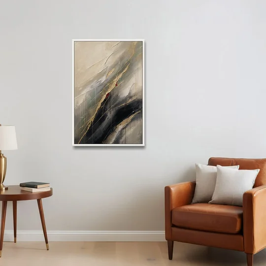 Modern Black and Gold Abstract Marble Veins - White Framed Canvas Wall Art - Sofa - 24x36