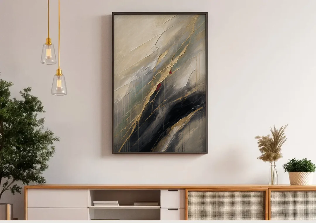 Modern Black and Gold Abstract Marble Veins canvas wall art above a wooden sideboard under pendant lights