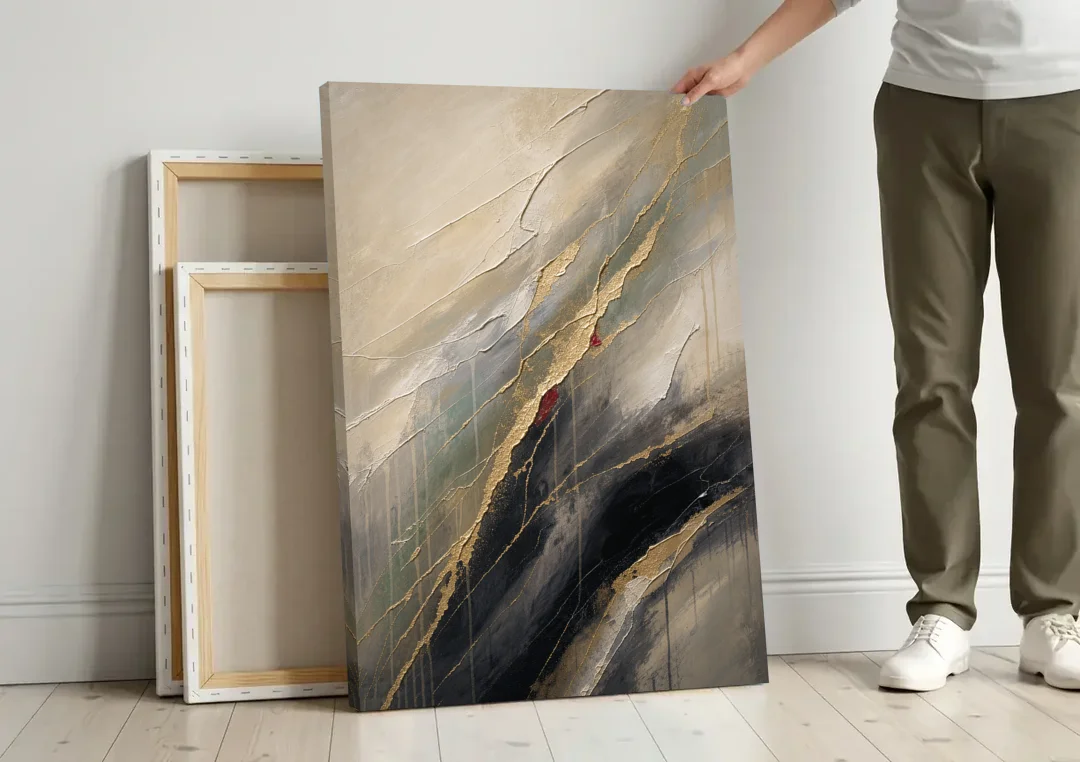 Modern Black and Gold Abstract Marble Veins canvas wall art leaning against a wall next to blank canvases