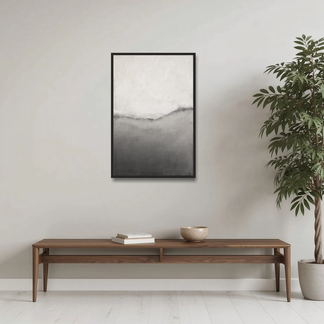Modern Black and White Abstract Feathered Grey Seam - Black Framed Canvas Wall Art - Coffee Table - 24x36