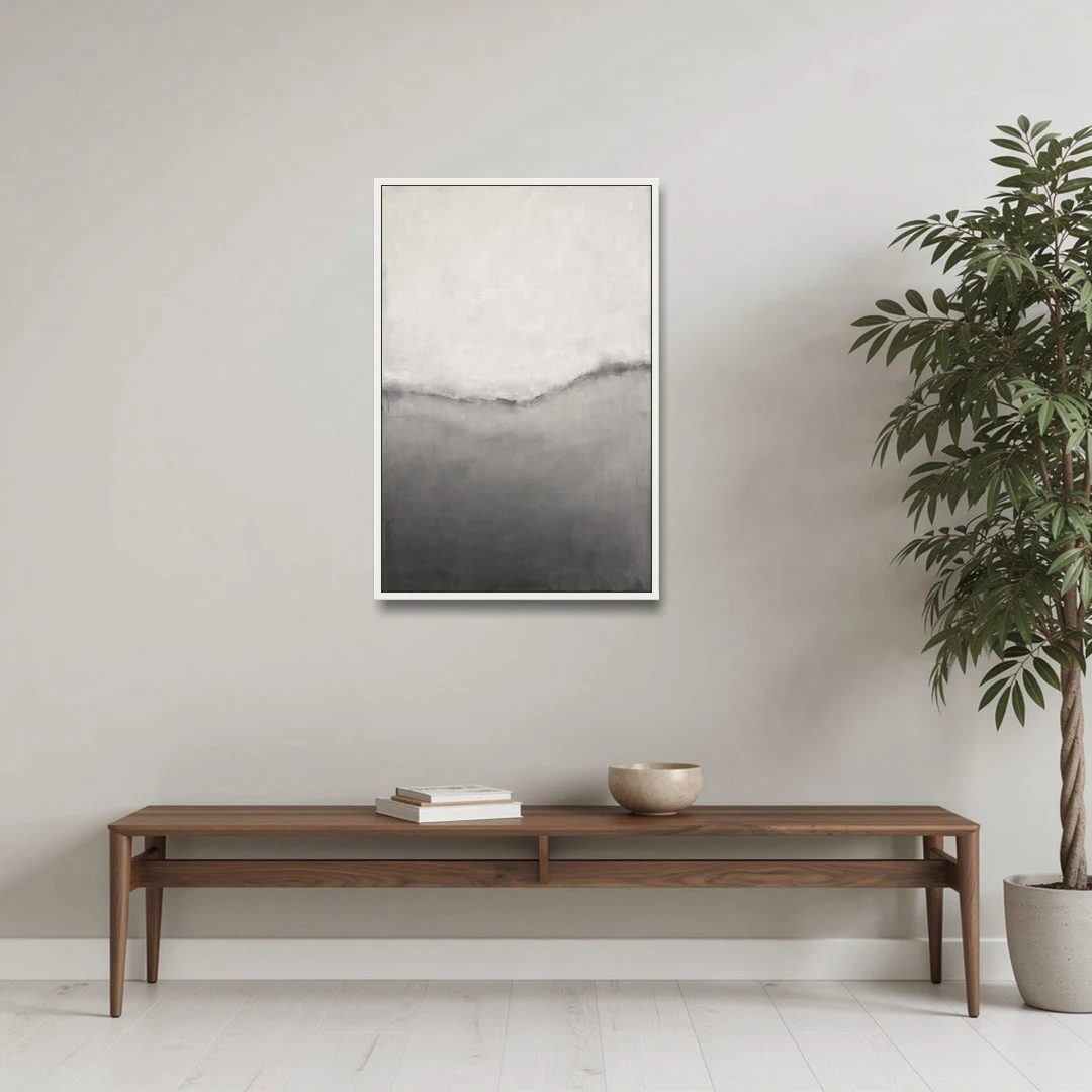 Modern Black and White Abstract Feathered Grey Seam - White Framed Canvas Wall Art - Coffee Table - 24x36