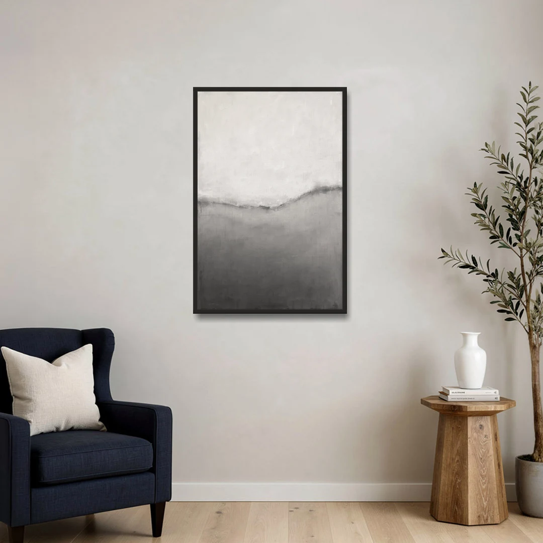 Modern Black and White Abstract Feathered Grey Seam - Black Framed Canvas Wall Art - Sofa - 24x36