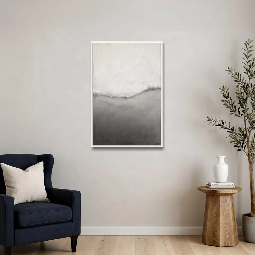 Modern Black and White Abstract Feathered Grey Seam - White Framed Canvas Wall Art - Sofa - 24x36