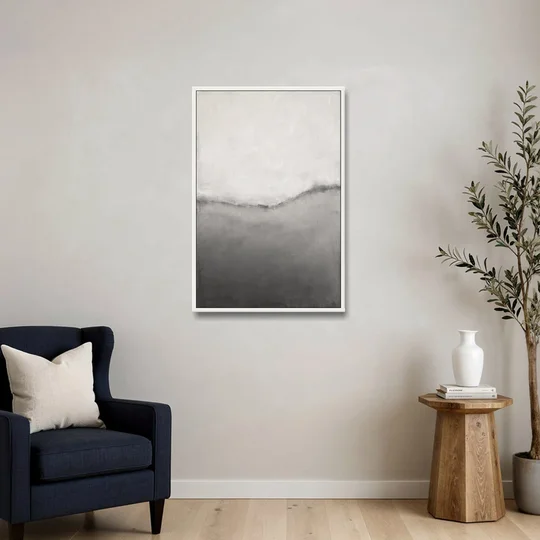 Modern Black and White Abstract Feathered Grey Seam - White Framed Canvas Wall Art - Sofa - 24x36