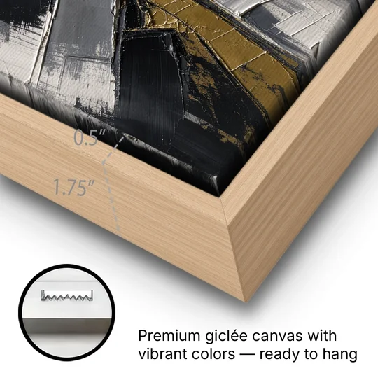 Modern Black White and Gold Abstract Fissure - Oak Framed Canvas Wall Art - Gallery Wrap Corner