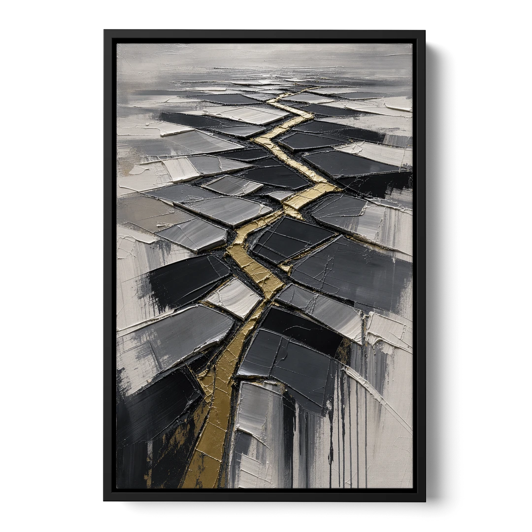 Modern Black White and Gold Abstract Fissure - Black Framed Canvas Wall Art - Front