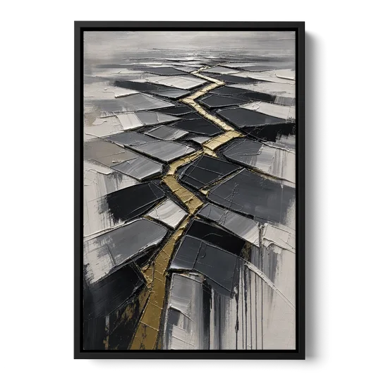 Modern Black White and Gold Abstract Fissure - Black Framed Canvas Wall Art - Front