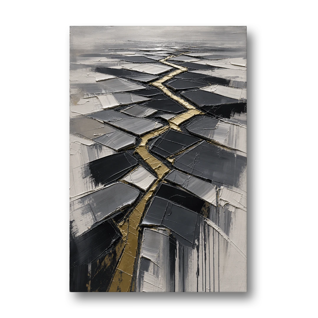 Modern Black White and Gold Abstract Fissure - Canvas Wall Art - Front