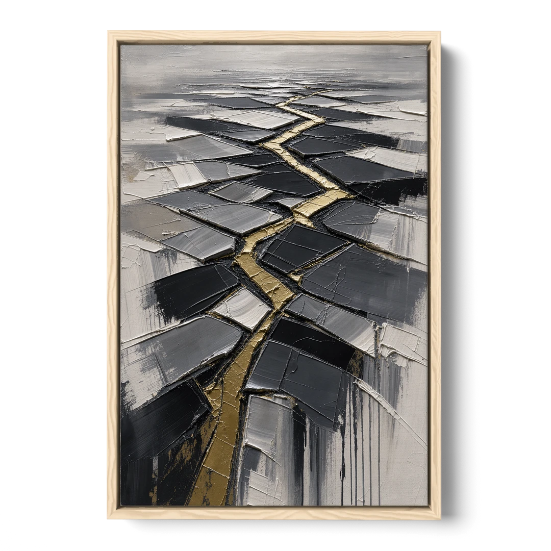 Modern Black White and Gold Abstract Fissure - Oak Framed Canvas Wall Art - Front