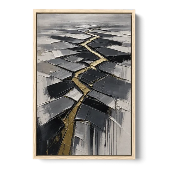 Modern Black White and Gold Abstract Fissure - Oak Framed Canvas Wall Art - Front