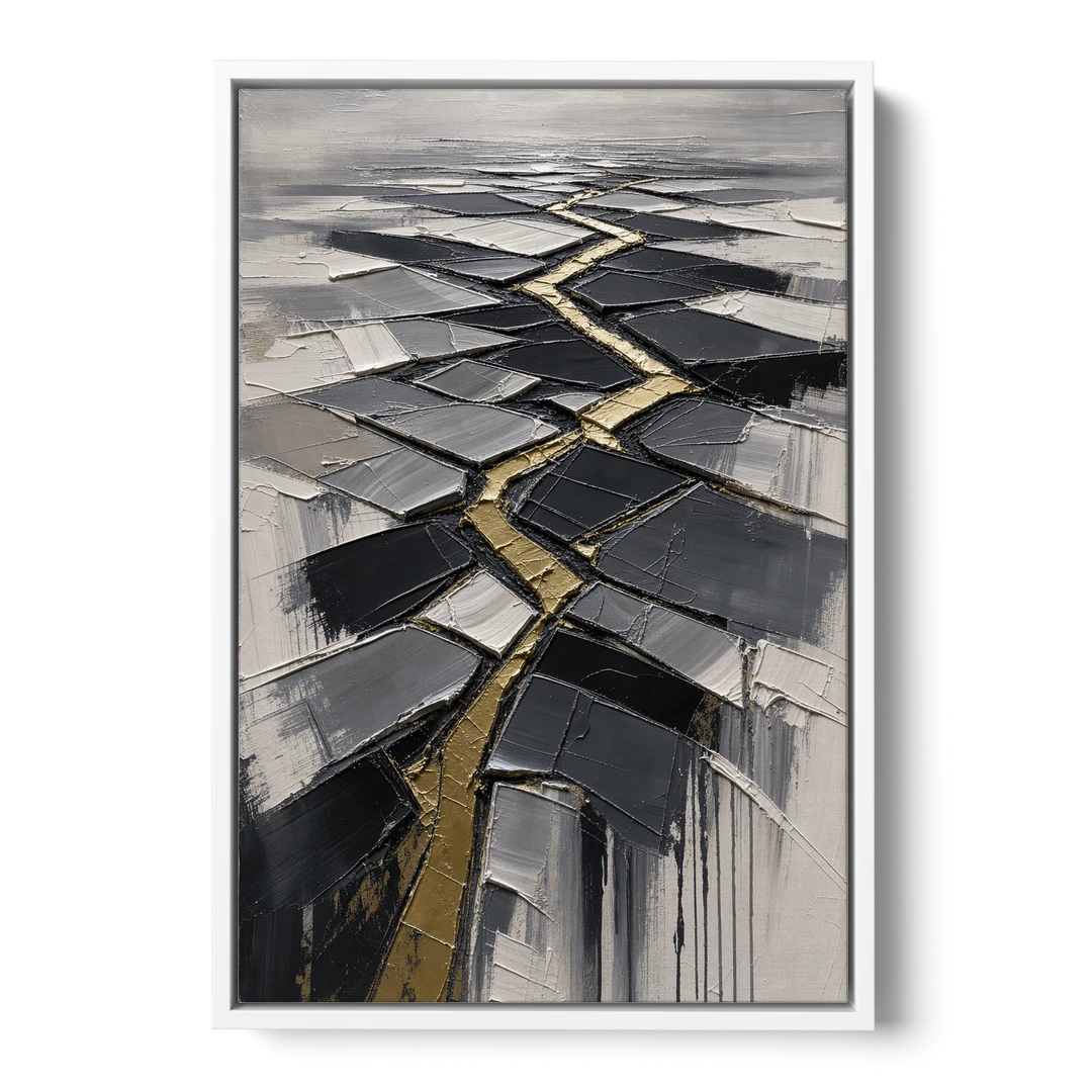 Modern Black White and Gold Abstract Fissure - White Framed Canvas Wall Art - Front