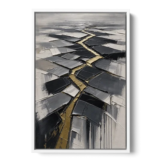 Modern Black White and Gold Abstract Fissure - White Framed Canvas Wall Art - Front