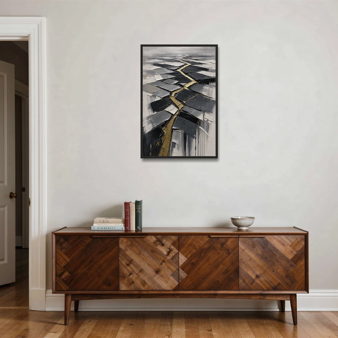 Modern Black White and Gold Abstract Fissure - Black Framed Canvas Wall Art - Coffee Table - 24x36