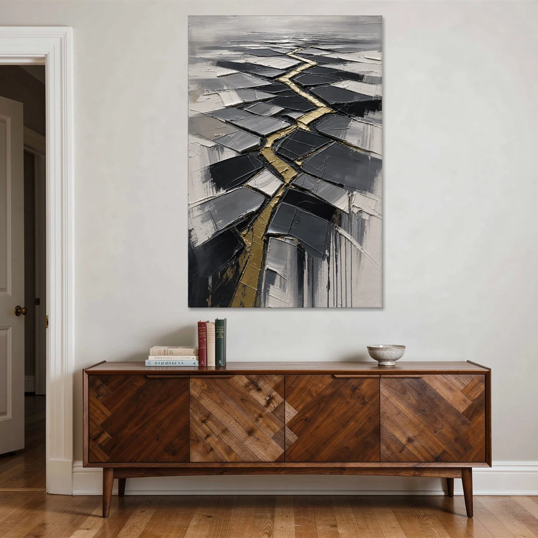 Modern Black White and Gold Abstract Fissure - Canvas Wall Art - Coffee Table - 40x60