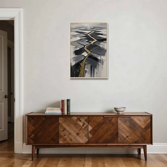 Modern Black White and Gold Abstract Fissure - Oak Framed Canvas Wall Art - Coffee Table - 24x36