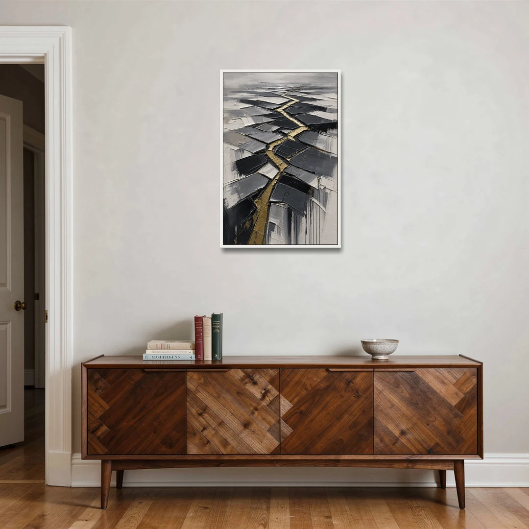 Modern Black White and Gold Abstract Fissure - White Framed Canvas Wall Art - Coffee Table - 24x36