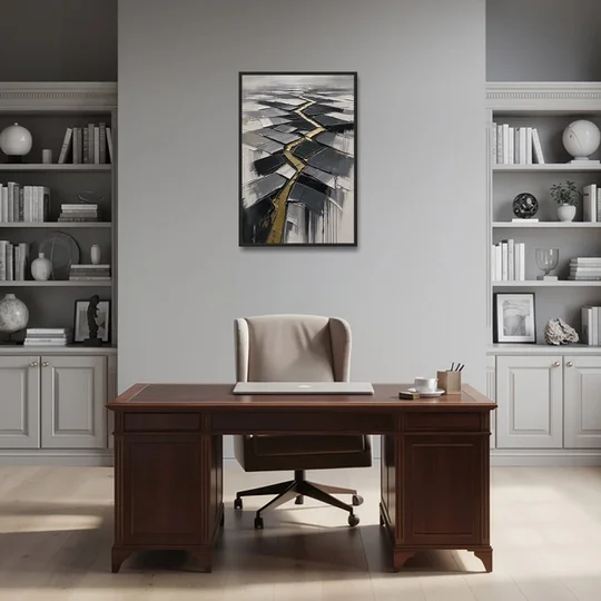 Modern Black White and Gold Abstract Fissure - Black Framed Canvas Wall Art - Office - 24x36