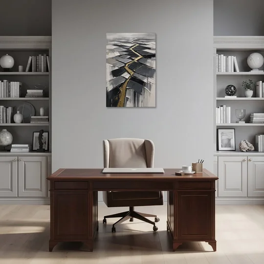 Modern Black White and Gold Abstract Fissure - Canvas Wall Art - Office - 24x36