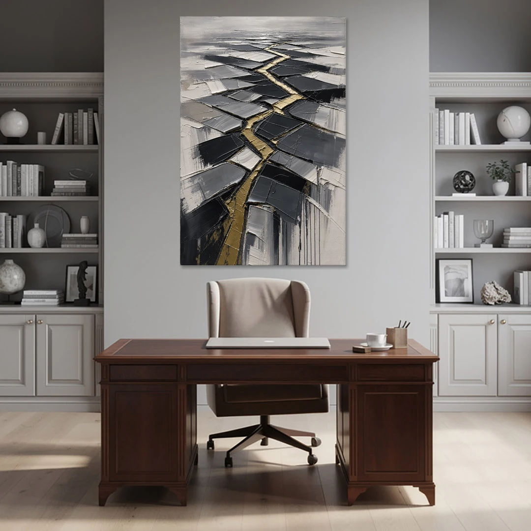 Modern Black White and Gold Abstract Fissure - Canvas Wall Art - Office - 40x60