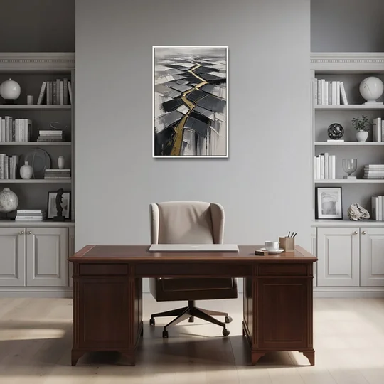 Modern Black White and Gold Abstract Fissure - White Framed Canvas Wall Art - Office - 24x36