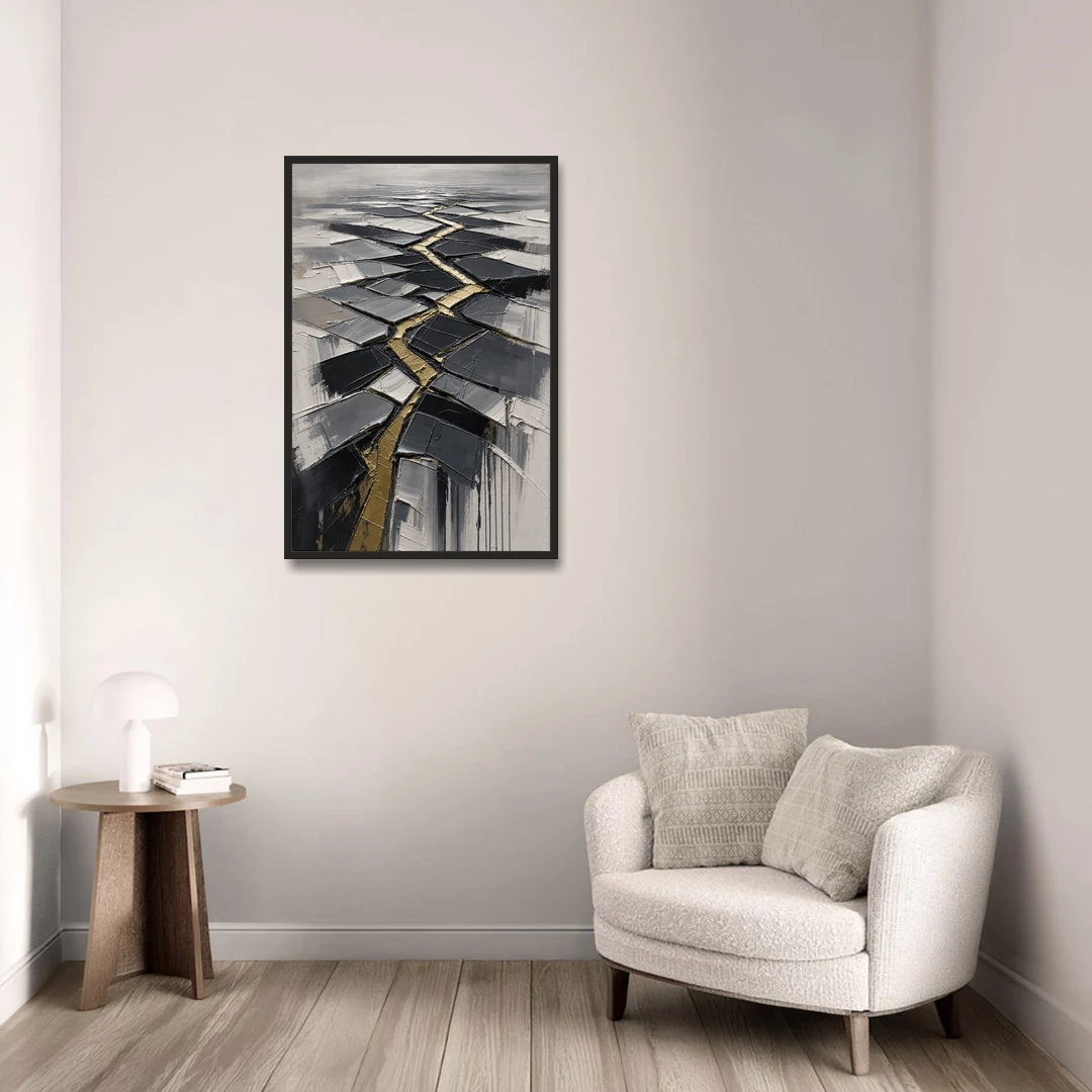 Modern Black White and Gold Abstract Fissure - Black Framed Canvas Wall Art - Sofa - 24x36
