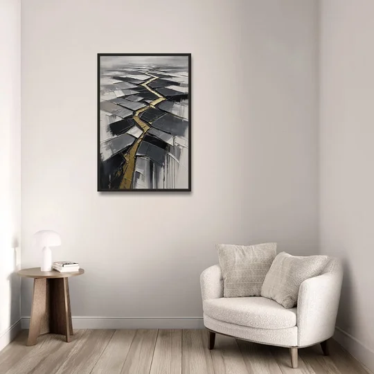 Modern Black White and Gold Abstract Fissure - Black Framed Canvas Wall Art - Sofa - 24x36