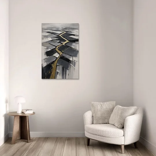Modern Black White and Gold Abstract Fissure - Canvas Wall Art - Sofa - 24x36