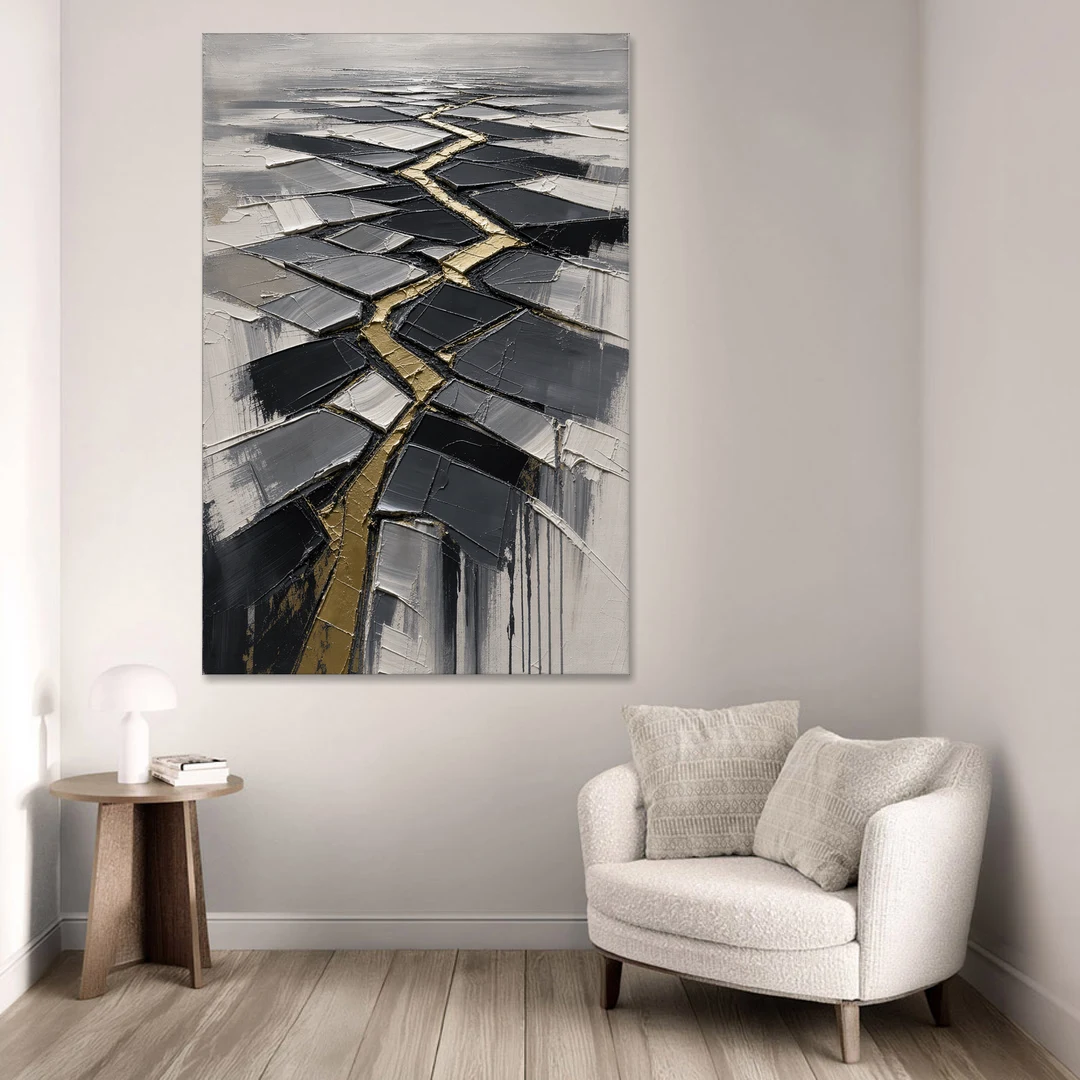 Modern Black White and Gold Abstract Fissure - Canvas Wall Art - Sofa - 40x60