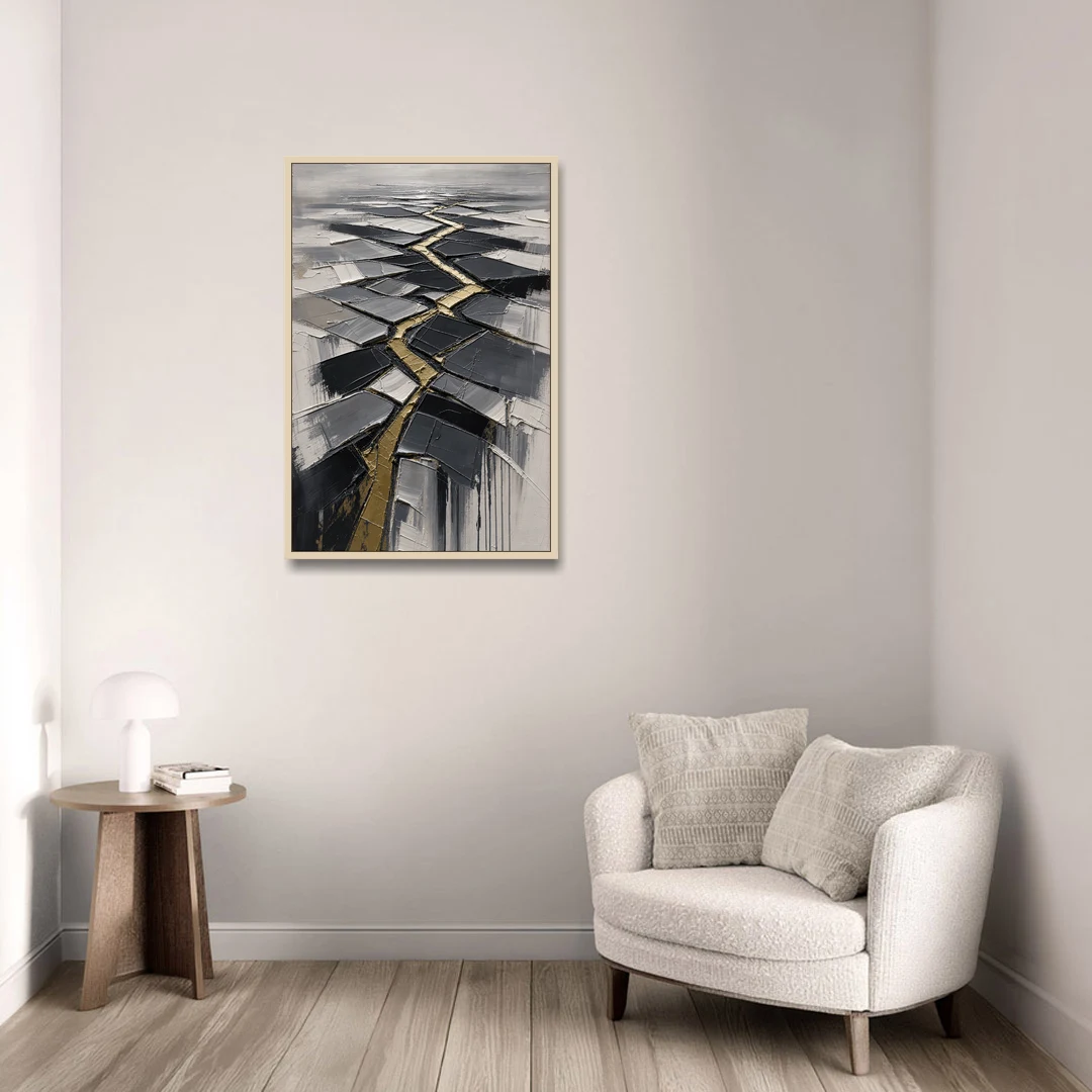 Modern Black White and Gold Abstract Fissure - Oak Framed Canvas Wall Art - Sofa - 24x36