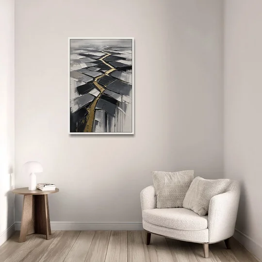 Modern Black White and Gold Abstract Fissure - White Framed Canvas Wall Art - Sofa - 24x36