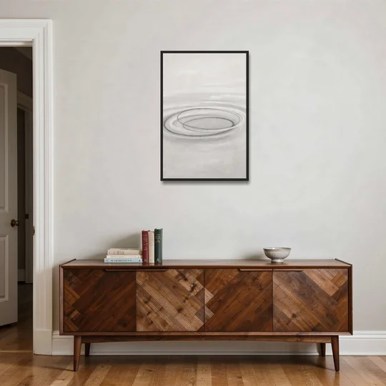 Modern Black White and Grey Abstract Ripple Rings - Black Framed Canvas Wall Art - Coffee Table - 24x36