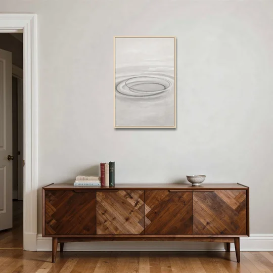 Modern Black White and Grey Abstract Ripple Rings - Oak Framed Canvas Wall Art - Coffee Table - 24x36