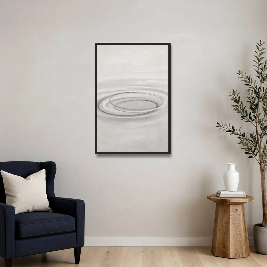 Modern Black White and Grey Abstract Ripple Rings - Black Framed Canvas Wall Art - Sofa - 24x36