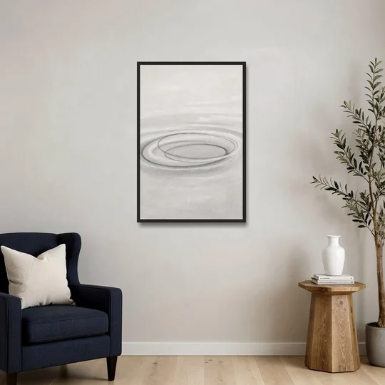Modern Black White and Grey Abstract Ripple Rings - Black Framed Canvas Wall Art - Sofa - 24x36