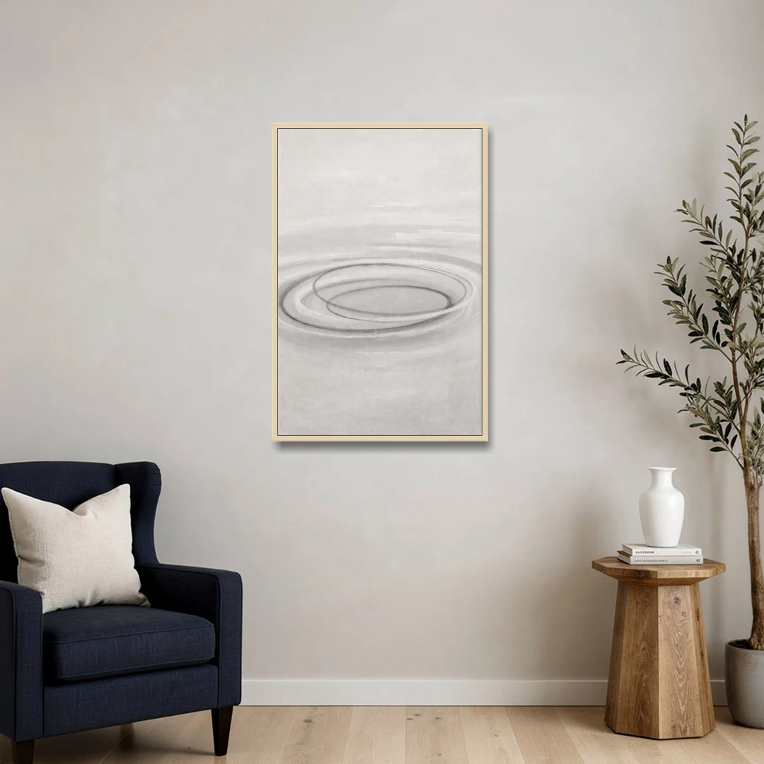 Modern Black White and Grey Abstract Ripple Rings - Oak Framed Canvas Wall Art - Sofa - 24x36