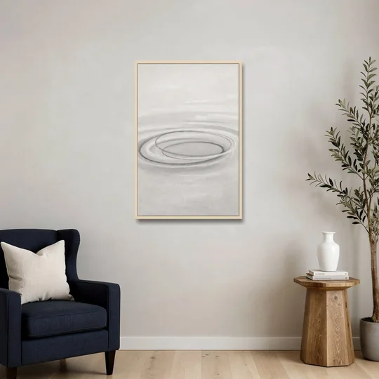 Modern Black White and Grey Abstract Ripple Rings - Oak Framed Canvas Wall Art - Sofa - 24x36
