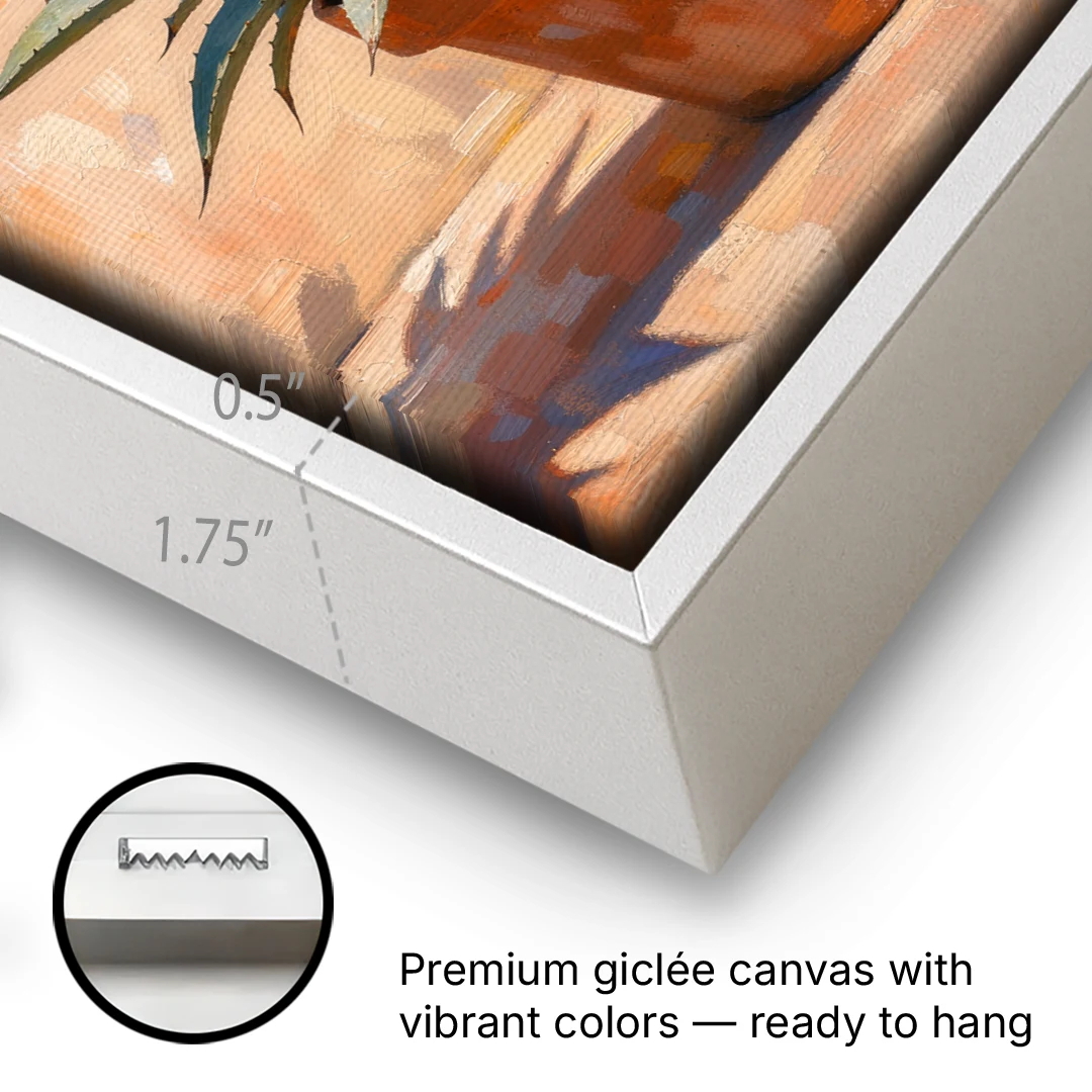 Modern Blue Agave Plant in Afternoon Sun - White Framed Canvas Wall Art - Gallery Wrap Corner