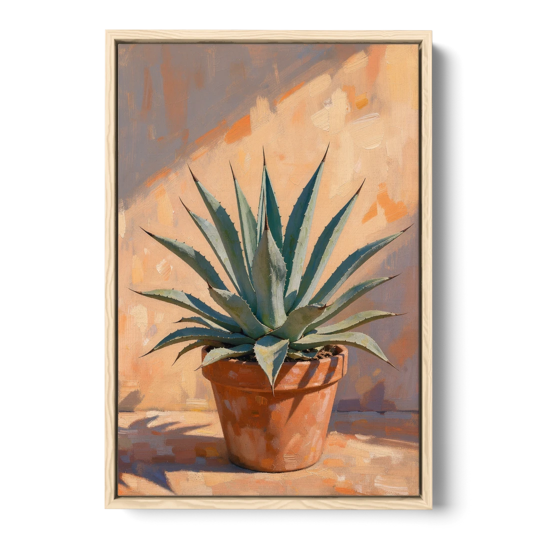 Modern Blue Agave Plant in Afternoon Sun - Oak Framed Canvas Wall Art - Front