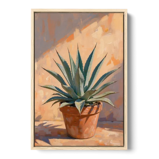 Modern Blue Agave Plant in Afternoon Sun - Oak Framed Canvas Wall Art - Front